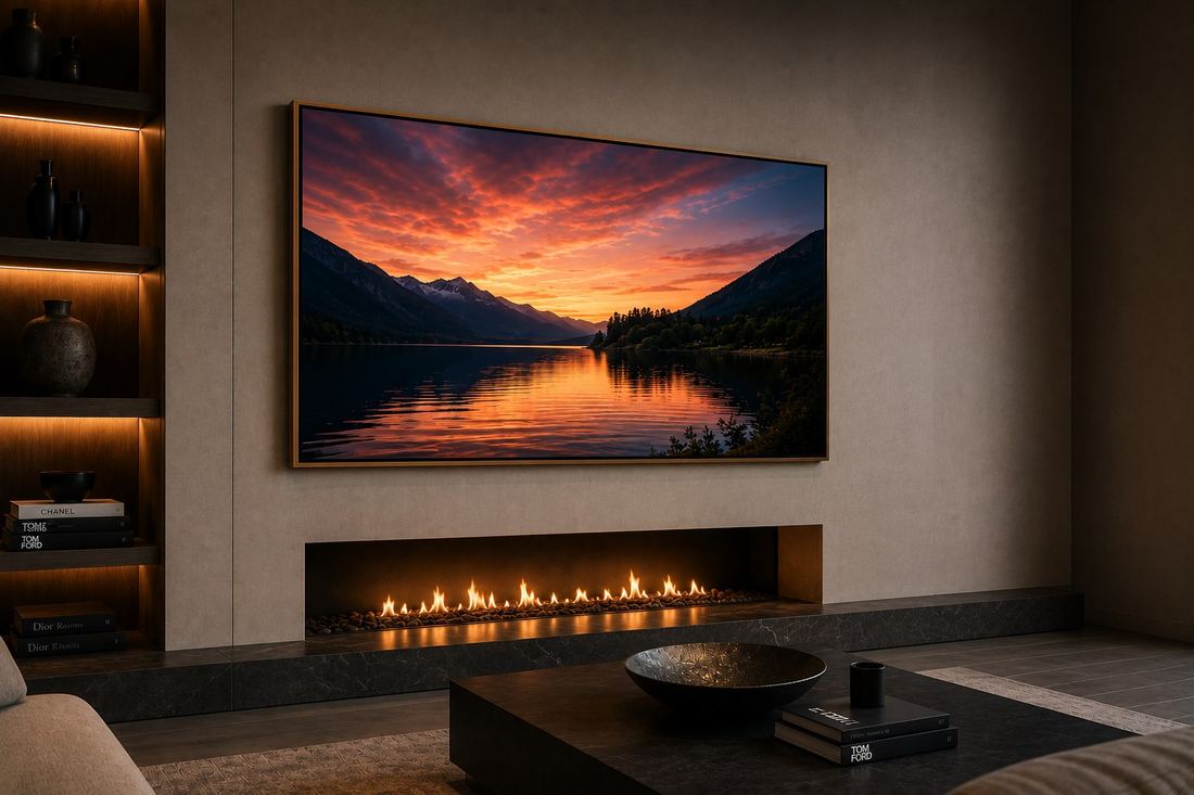 Illustrative example of a television disguised as framed art above a fireplace