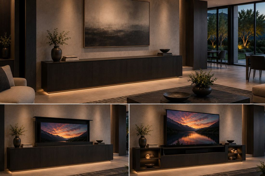Illustrative example of a pop-up television lift rising from a media console