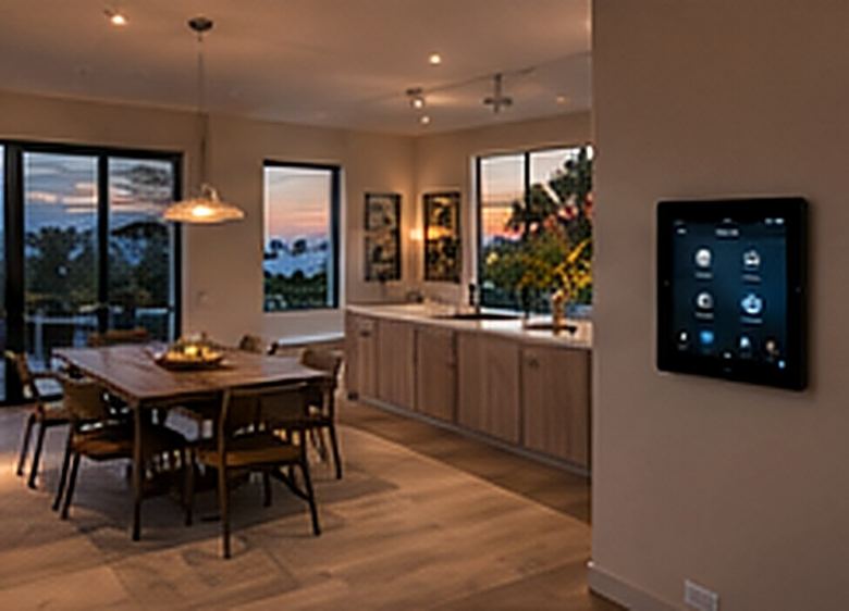 Automated lighting and shading in a Summerland hillside home overlooking the Pacific and Channel Islands