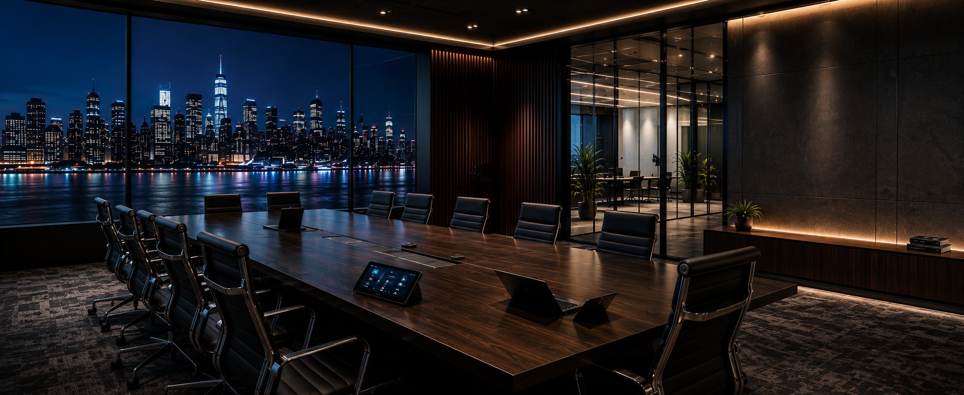 Executive boardroom with integrated AV and a night skyline view