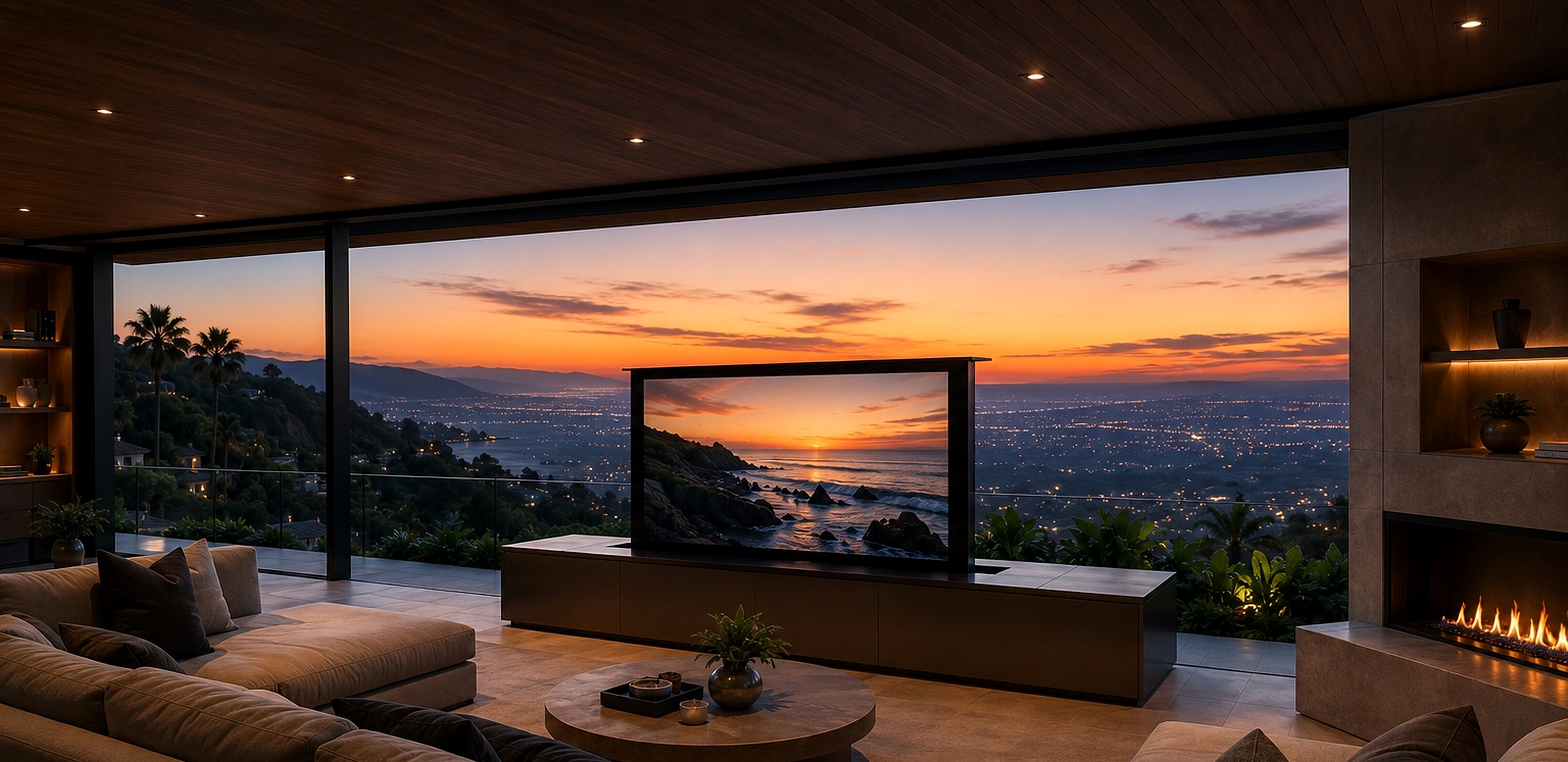 Living room overlooking a hillside sunset view