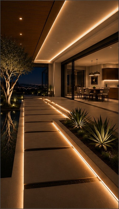 Warm architectural and landscape lighting along an outdoor walkway at dusk