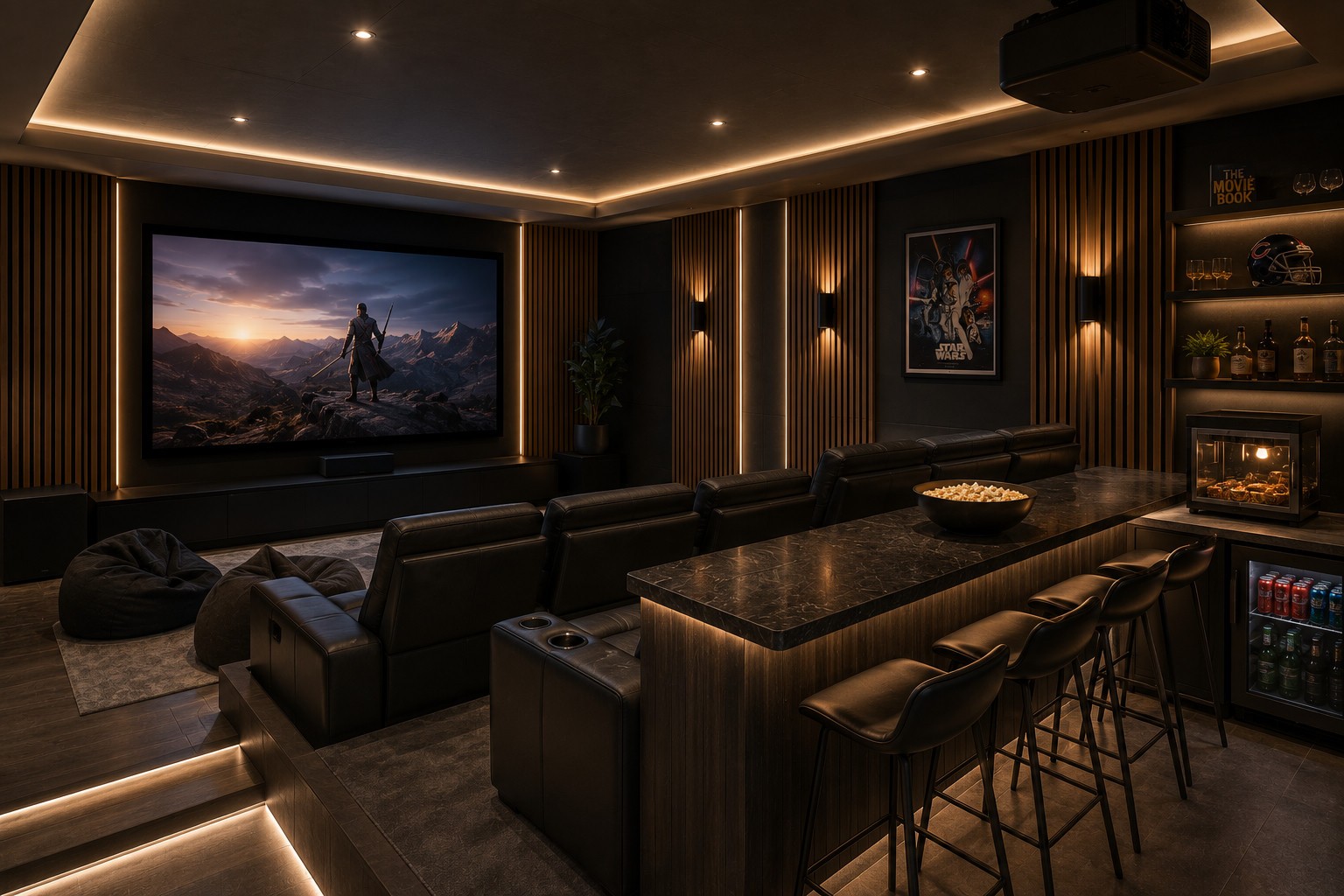 Reference-grade private theater room with premium seating in Bel Air