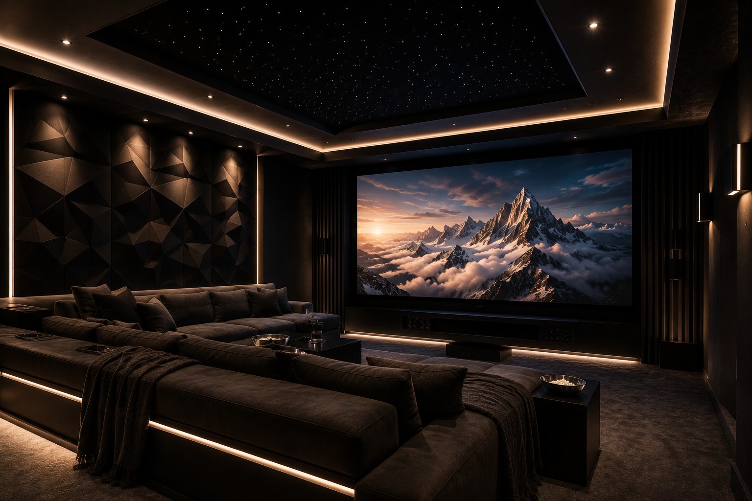 Home theater with premium seating and large screen in a Brentwood residence