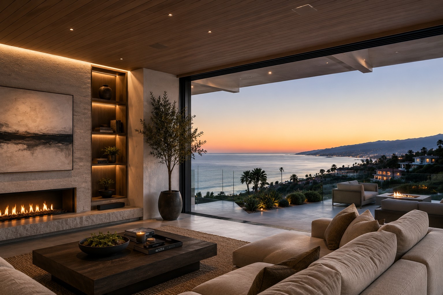 Living room with ocean view and hidden technology in a Pacific Palisades hillside home