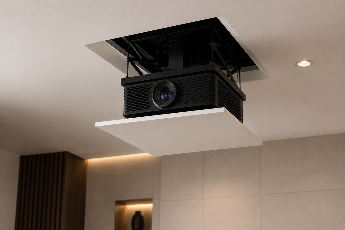 Motorized projector screen integrated into a dedicated home theater ceiling