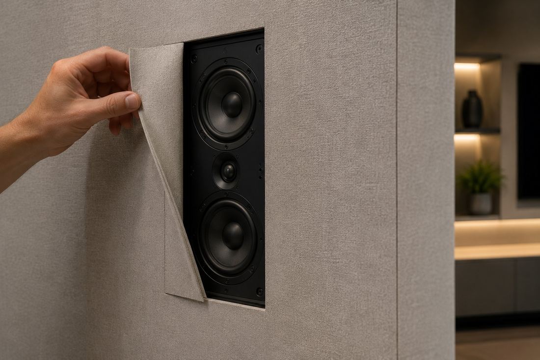 In-wall speaker installed behind an acoustically transparent fabric panel