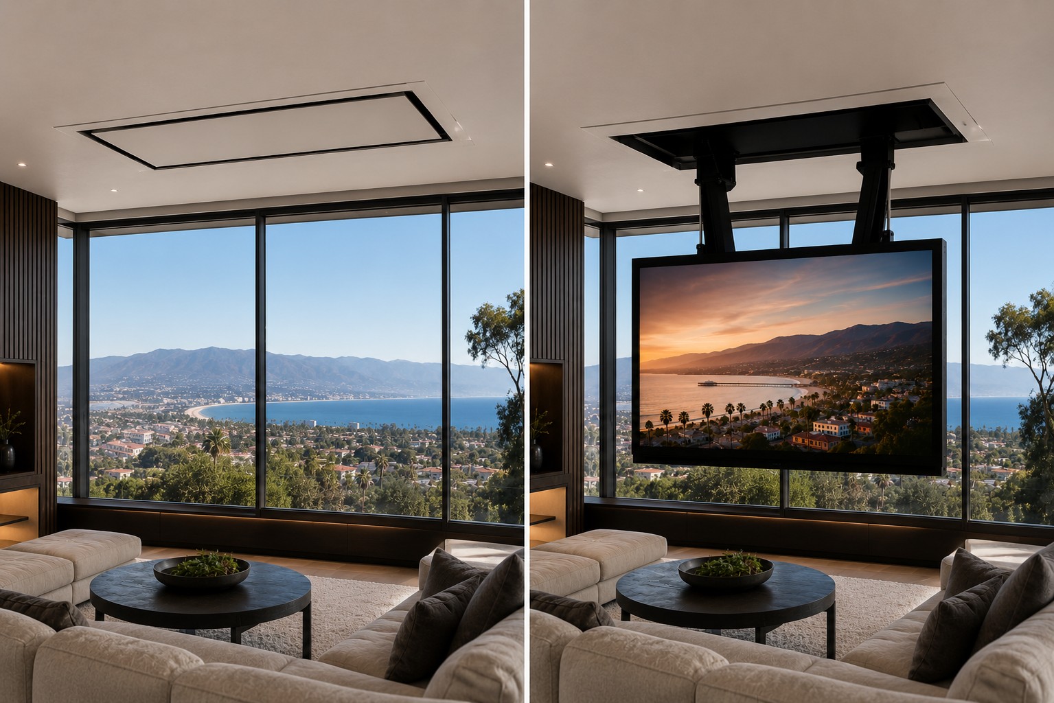 Motorized ceiling TV lift preserving an ocean view in a Newport Coast home