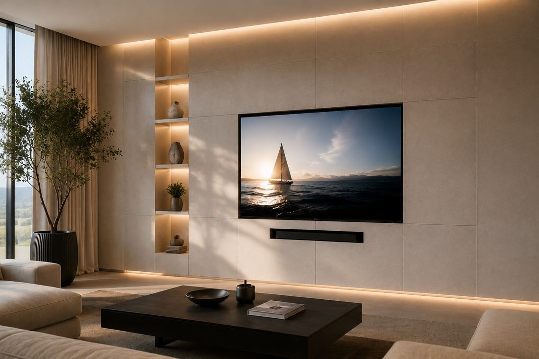 Television flush-mounted and recessed into a feature wall, ACT Installs project