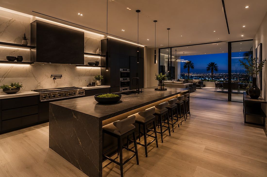 Warm landscape lighting illuminating a luxury home's facade and gardens