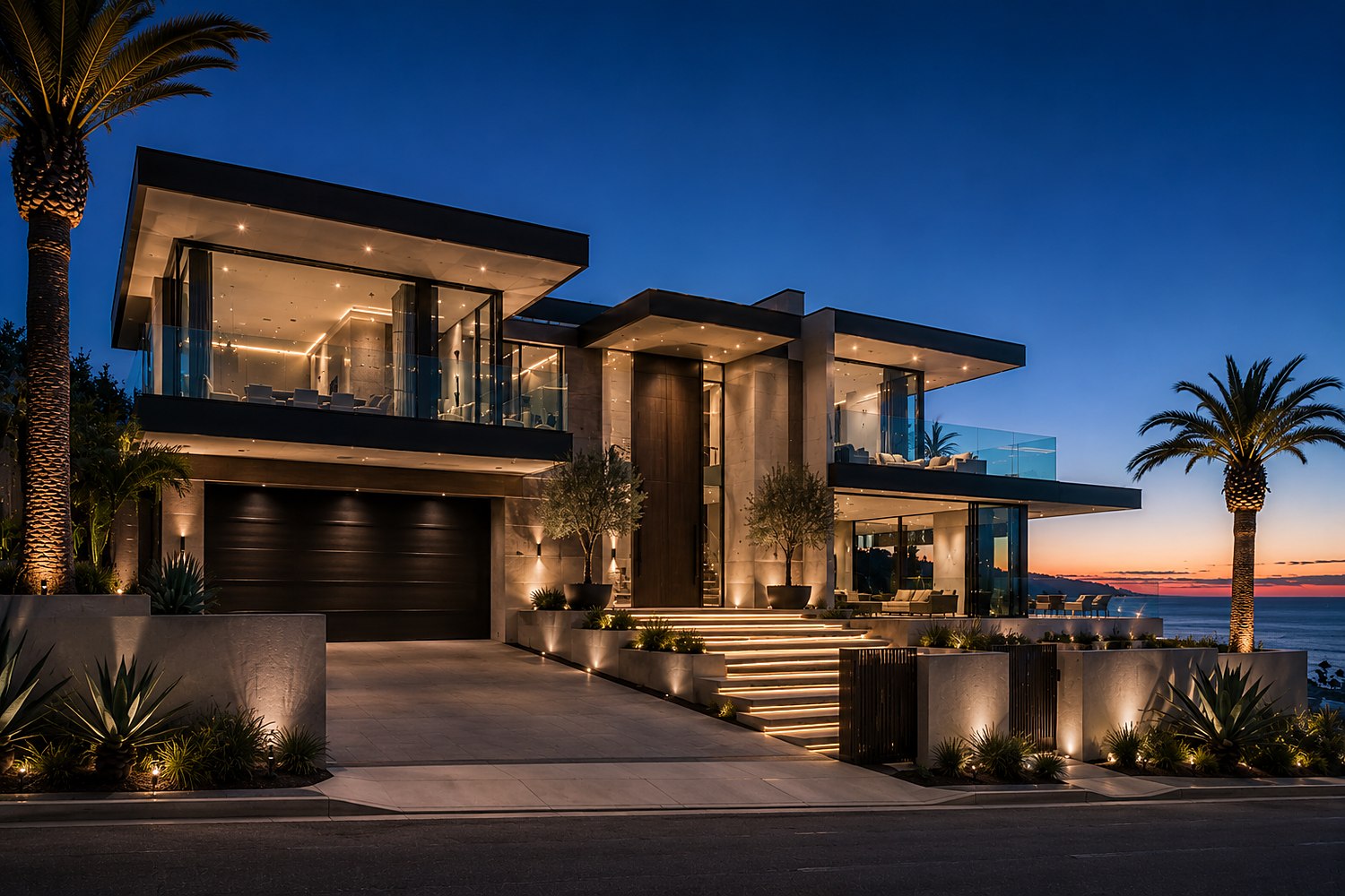 Malibu estate living room open to an oceanview pool deck at sunset