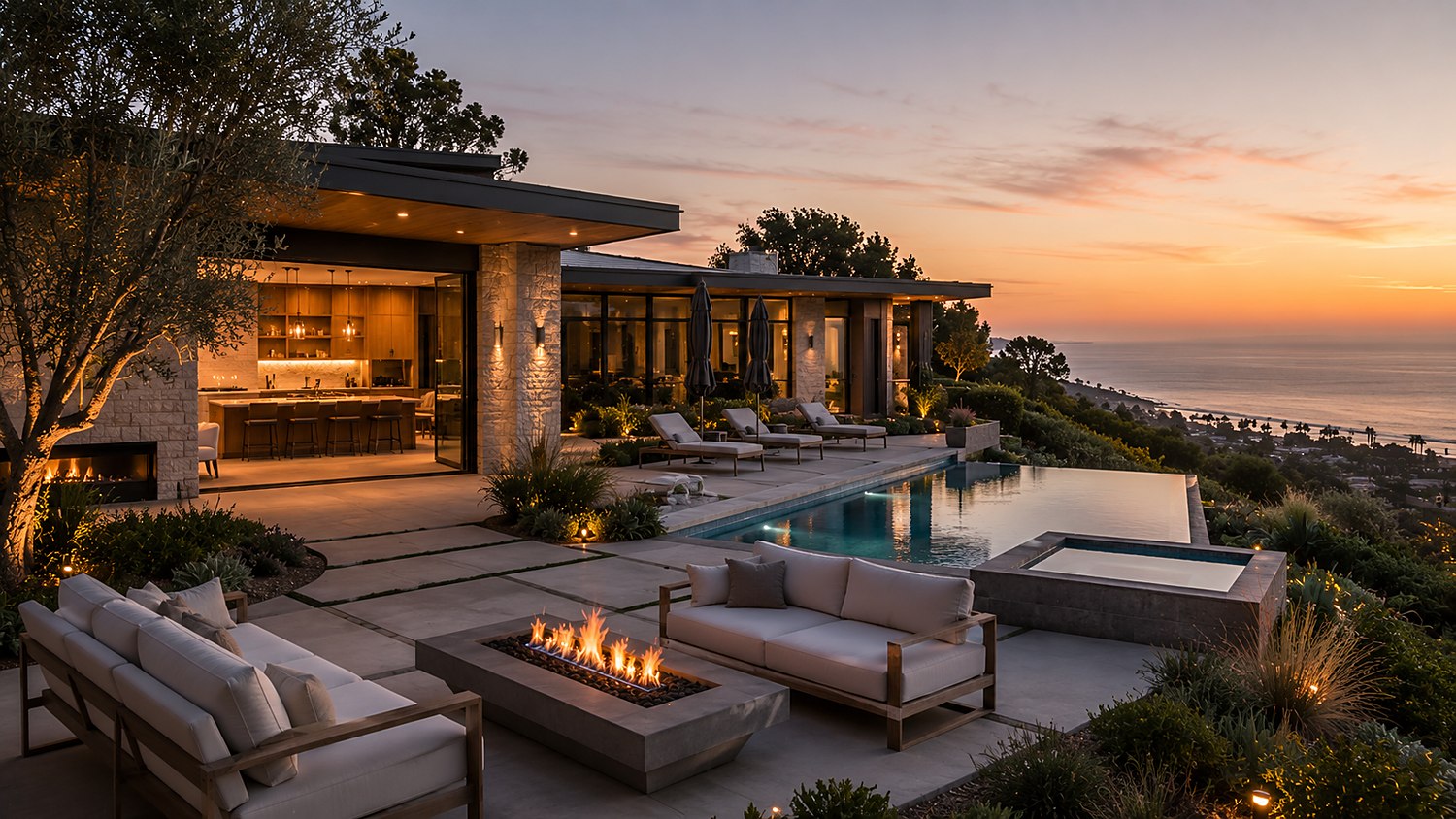 Newport Coast hillside estate pool terrace at dusk with ocean view