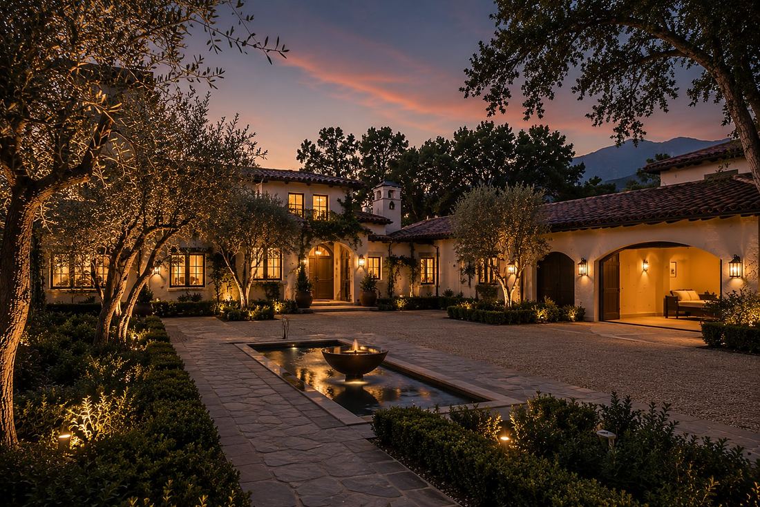 Courtyard landscape lighting at a Hope Ranch estate entry
