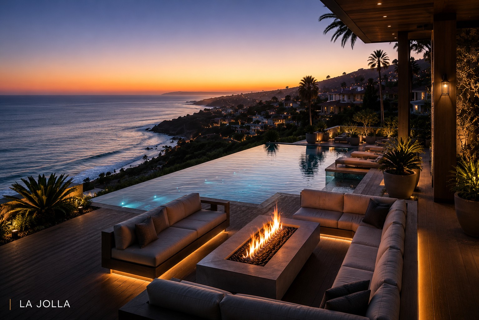 Oceanfront outdoor living space at sunset in La Jolla