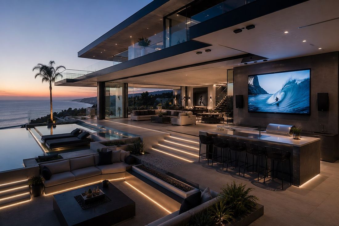 Outdoor living space and video wall at a Malibu estate
