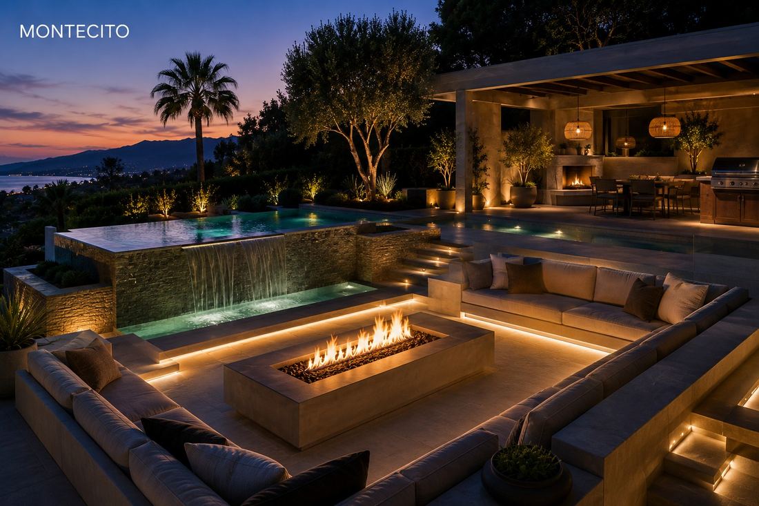 Outdoor living space with pool and integrated audio in Montecito