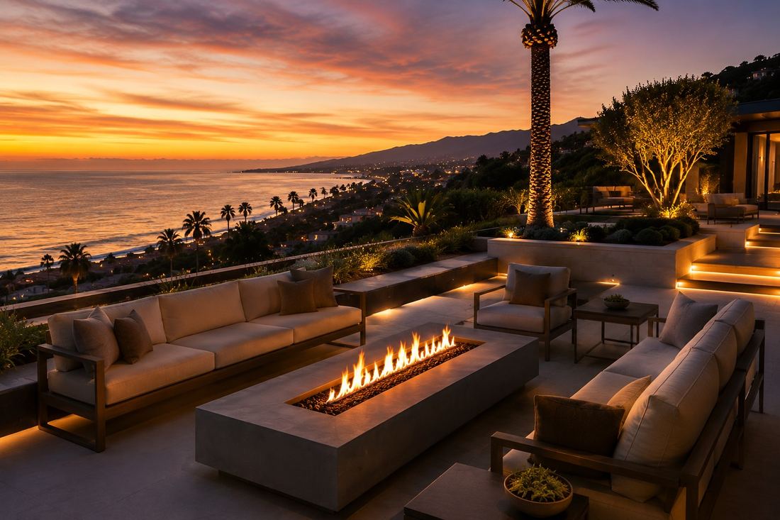Outdoor living space designed for evening entertaining around a pool