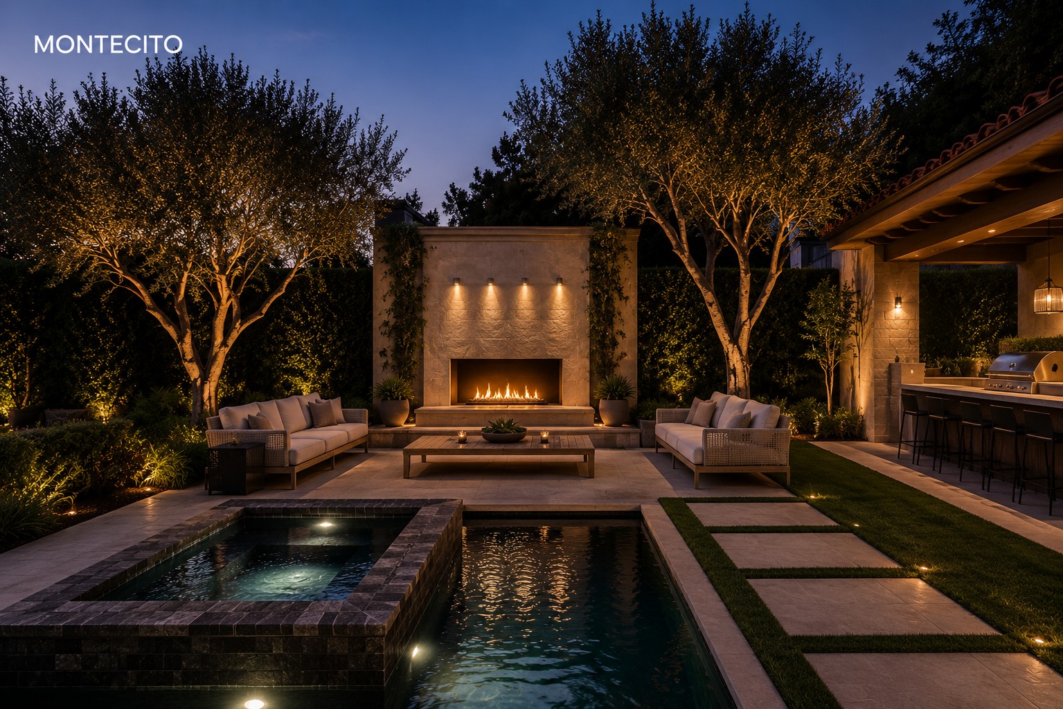 Coastal outdoor living space with pool and fire feature in Del Mar