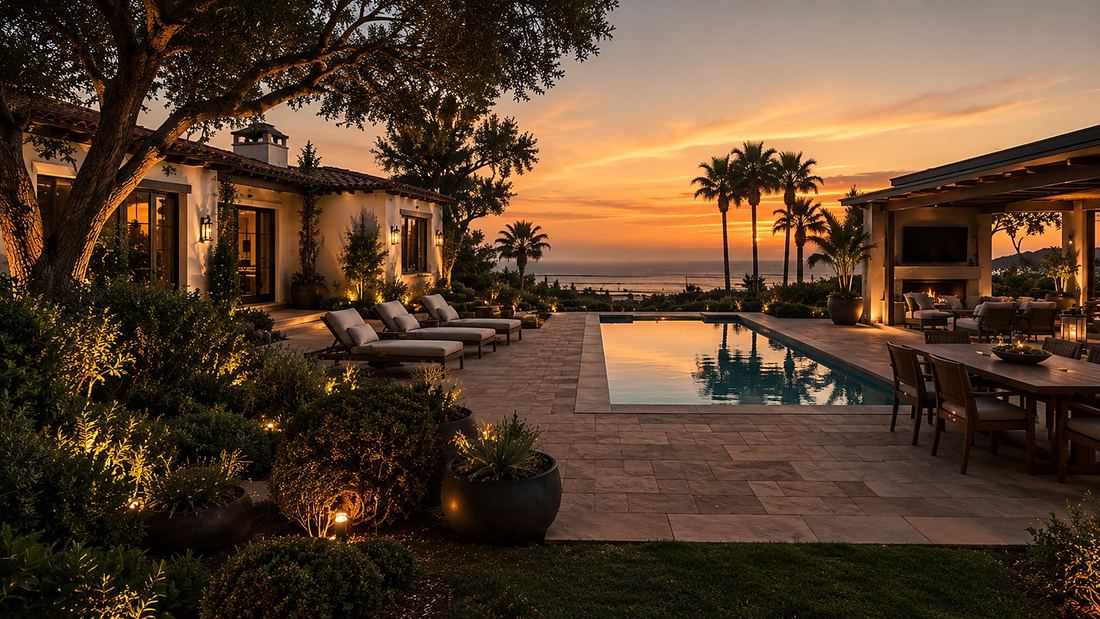 Montecito pool terrace with outdoor lighting at sunset