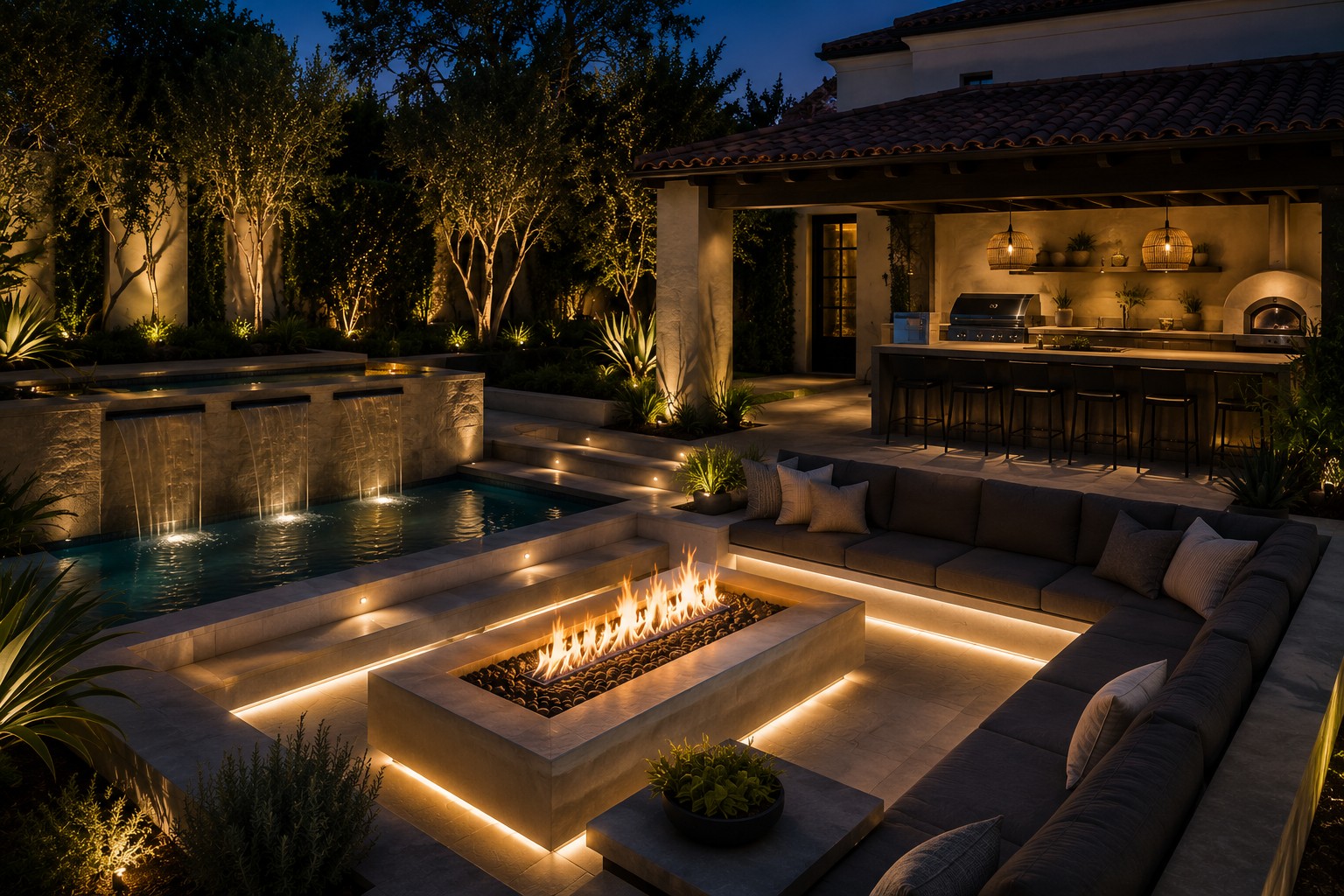 Spanish-tile roof coastal home with integrated outdoor lighting in San Clemente