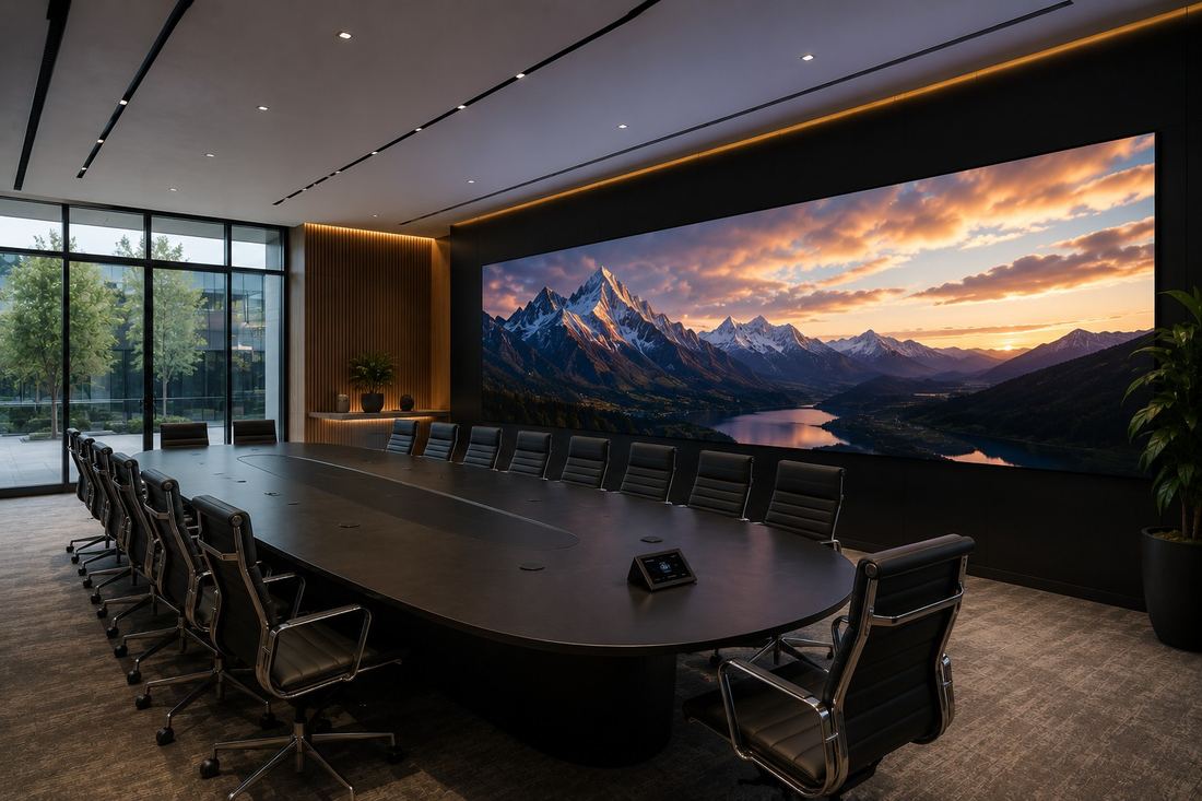 Large-format LED video wall in a corporate boardroom overlooking the city