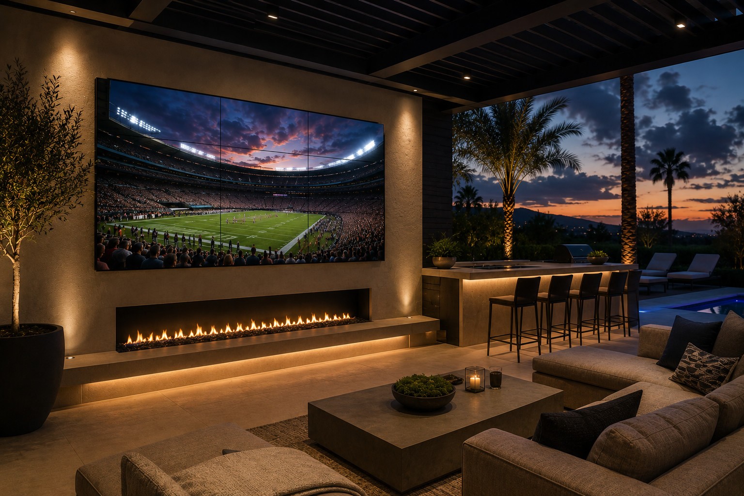 Outdoor video display integrated into a Dana Point entertaining space
